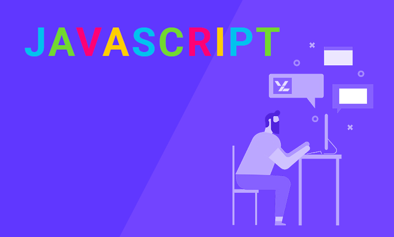 Illustration of a programmer and the word Javascript write with colored letters