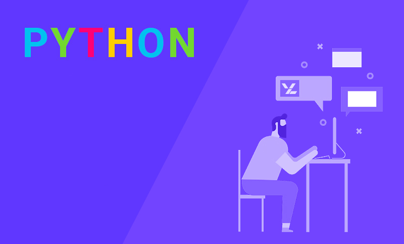 Illustration of a programmer and the word Python write with colored letters
